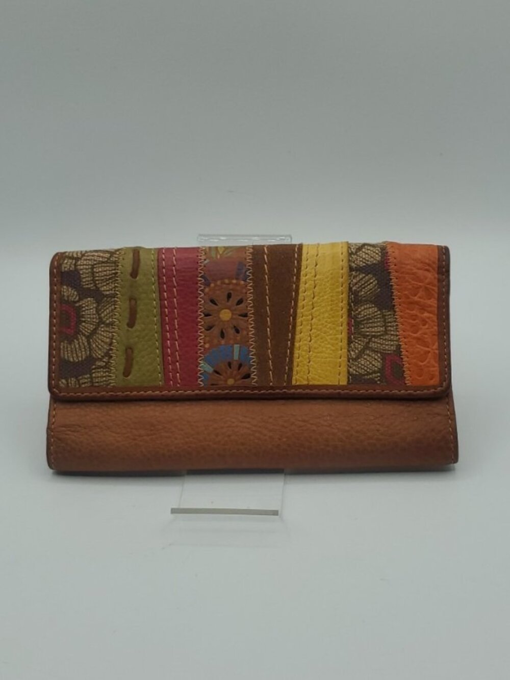 Fossil Leather Multicolor Stitched Patchwork Hobo Wallet Checkbook Floral BOHO